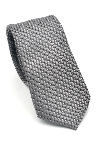 Beyaz Küçük Kare Desenli Gri Dokuma Kumaş Mendilli Slim Fit Kravat // SDK-2511-4 ürün görseli
