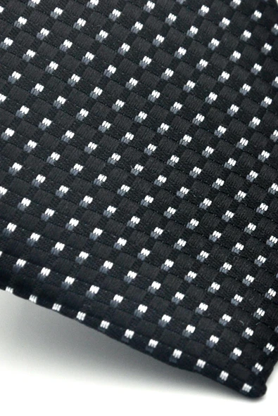 Beyaz Küçük Kare Desenli Siyah Dokuma Kumaş Mendilli Slim Fit Kravat // SDK-2511-1 - Resim 3