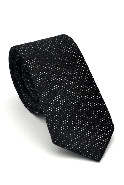 Beyaz Kırcıl Desenli Siyah Dokuma Kumaş Mendilli Slim Fit Kravat // SDK-2504-1 ürün görseli