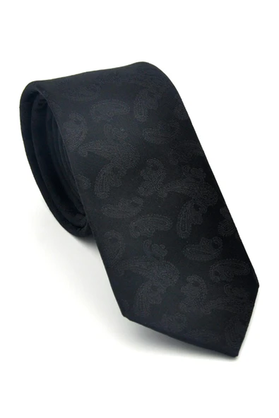 Şal Desenli Siyah Dokuma Kumaş Mendilli Slim Fit Kravat // SDK-2512-1 ürün görseli