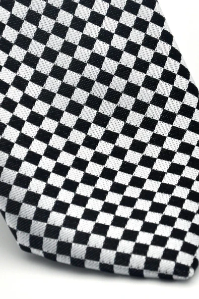 Siyah Piti Kare Desenli Beyaz Dokuma Kumaş Mendilli Slim Fit Kravat // SDK-2503-4 - Resim 3