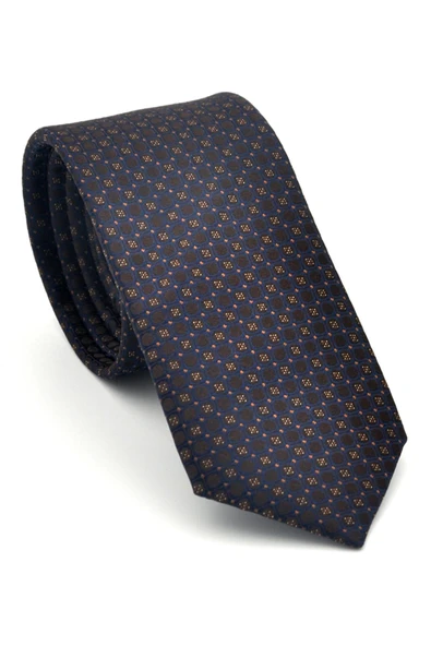 Bej Karışık Desenli Kahverengi Dokuma Kumaş Mendilli Slim Fit Kravat // SDK-2502-5 ürün görseli