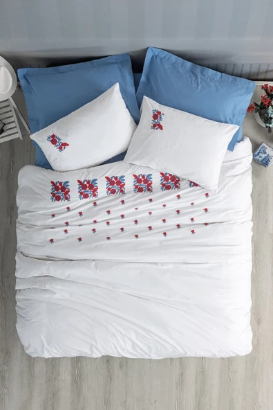 Nakışlı Ranforce Çift Kişilik Nevresim Takımı Nessa Mavi ürün görseli