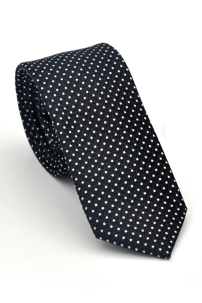 Beyaz Nokta Desenli Siyah Dokuma Kumaş Mendilli Slim Fit Kravat // SDK-2510-1 ürün görseli