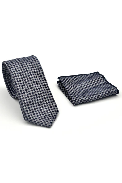Füme Karışık Desenli Gri Dokuma Kumaş Mendilli Slim Fit Kravat // SDK-2502-4 - Resim 2