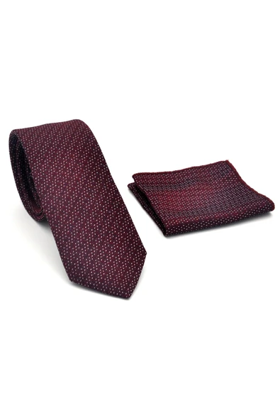 Beyaz Kırcıl Desenli Bordo Dokuma Kumaş Mendilli Slim Fit Kravat // SDK-2504-3 - Resim 2