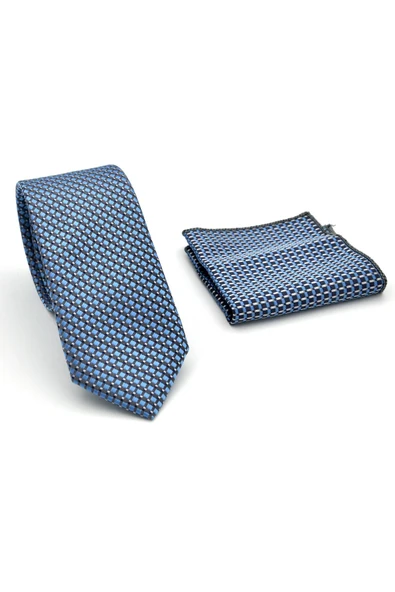 Beyaz Küçük Kare Desenli Mavi Dokuma Kumaş Mendilli Slim Fit Kravat // SDK-2511-5 - Resim 2