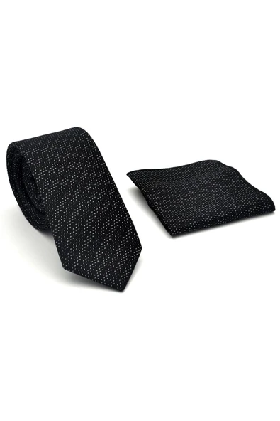 Beyaz Kırcıl Desenli Siyah Dokuma Kumaş Mendilli Slim Fit Kravat // SDK-2504-1 - Resim 2