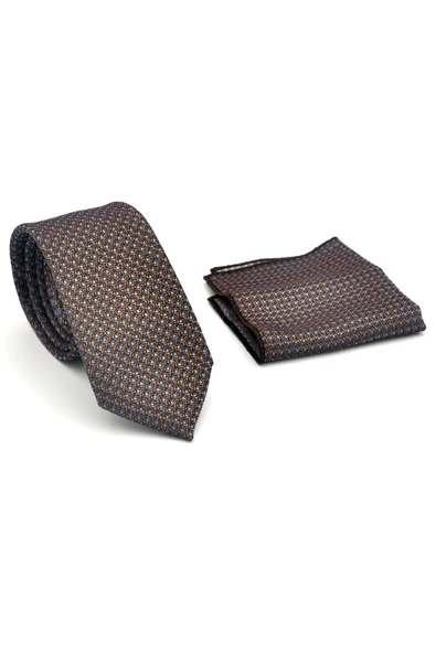 Mavi Nokta Desenli Kahverengi Dokuma Kumaş Mendilli Slim Fit Kravat // SDK-2510-5 - Resim 2