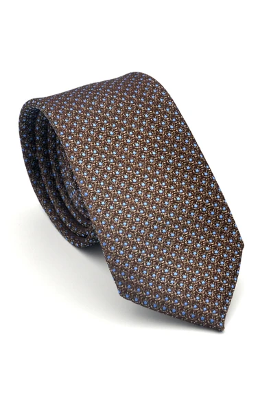 Mavi Nokta Desenli Kahverengi Dokuma Kumaş Mendilli Slim Fit Kravat // SDK-2510-5 ürün görseli