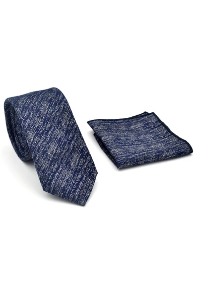 Gri Kırcıllı Desenli Lacivert Dokuma Kumaş Mendilli Slim Fit Kravat // SDK-2501-2 - Resim 2