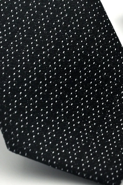 Beyaz Kırcıl Desenli Siyah Dokuma Kumaş Mendilli Slim Fit Kravat // SDK-2504-1 - Resim 3