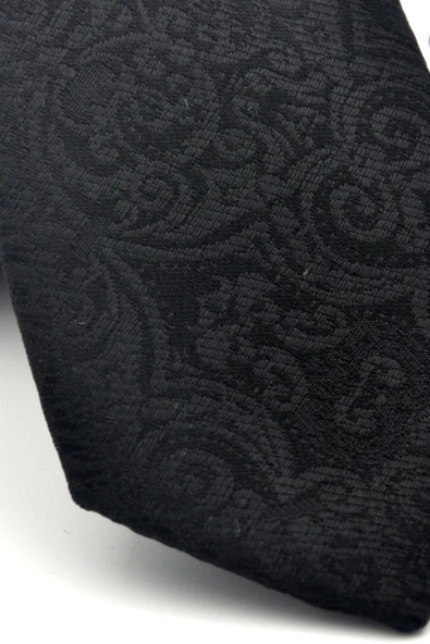 Şal Desenli Siyah Dokuma Kumaş Mendilli Slim Fit Kravat // SDK-2506-1 - Resim 3