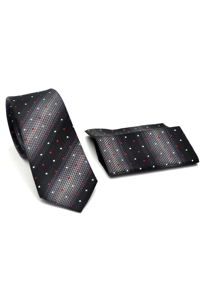 Gri Verev Desenli Siyah Dokuma Kumaş Mendilli Slim Fit Kravat // SDK-2505-1 - Resim 2