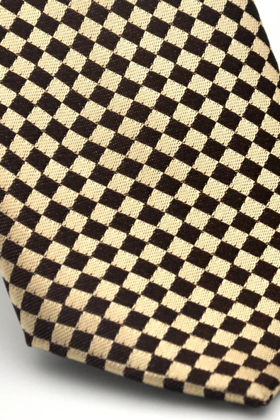 Kahverengi Piti Kare Desenli Bej Dokuma Kumaş Mendilli Slim Fit Kravat // SDK-2503-5 - Resim 3