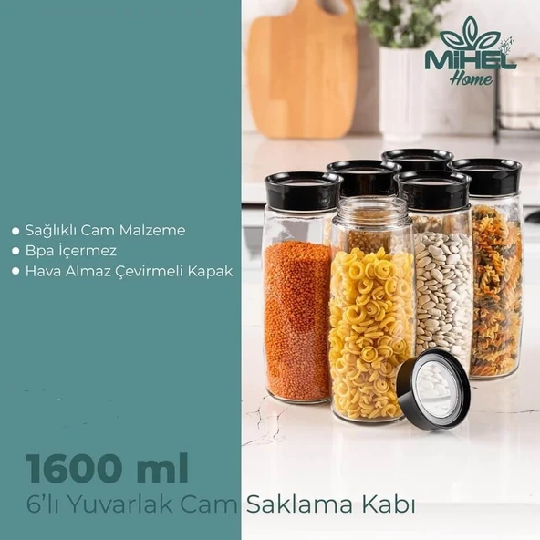 Mihel 1600ML 6'lı YUVARLAK CAM SAKLAMA KABI - 1