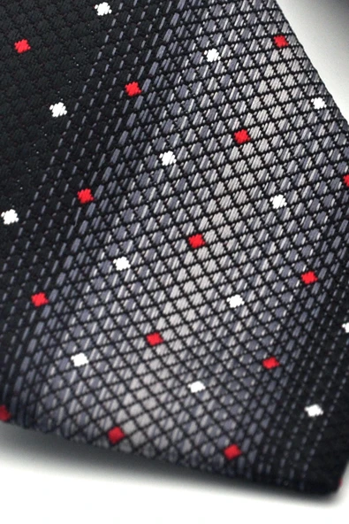 Gri Verev Desenli Siyah Dokuma Kumaş Mendilli Slim Fit Kravat // SDK-2505-1 - Resim 3