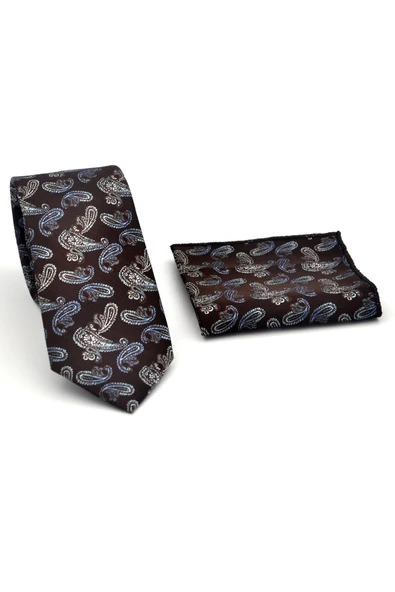 Mavi Şal Desenli Kahverengi Dokuma Kumaş Mendilli Slim Fit Kravat // SDK-2507-5 - Resim 2