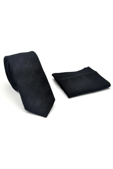 Şal Desenli Siyah Dokuma Kumaş Mendilli Slim Fit Kravat // SDK-2509-1 - Resim 2