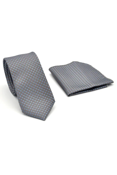 Mavi Nokta Desenli Gri Dokuma Kumaş Mendilli Slim Fit Kravat // SDK-2510-4 - Resim 2