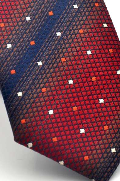 Lacivert Verev Desenli Bordo Dokuma Kumaş Mendilli Slim Fit Kravat // SDK-2505-3 - Resim 3