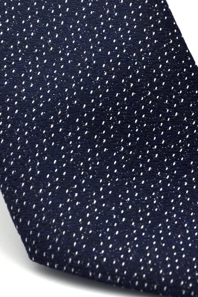 Beyaz Kırcıl Desenli Lacivert Dokuma Kumaş Mendilli Slim Fit Kravat // SDK-2504-2 - Resim 3