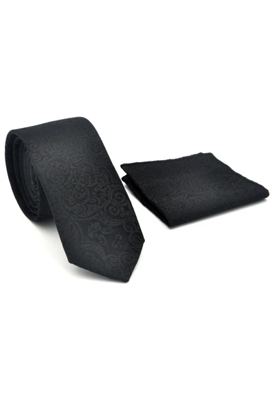 Şal Desenli Siyah Dokuma Kumaş Mendilli Slim Fit Kravat // SDK-2506-1 - Resim 2