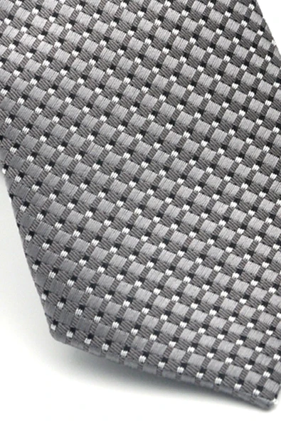 Beyaz Küçük Kare Desenli Gri Dokuma Kumaş Mendilli Slim Fit Kravat // SDK-2511-4 - Resim 3