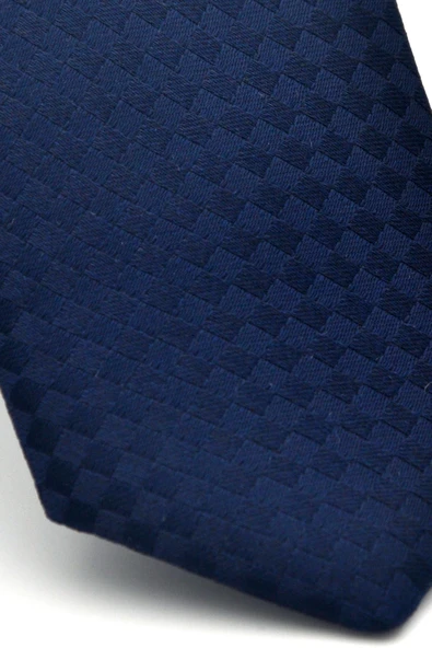 Lacivert Piti Kare Desenli Lacivert Dokuma Kumaş Mendilli Slim Fit Kravat // SDK-2503-2 - Resim 3