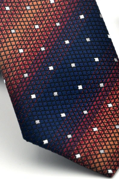 Kahverengi Verev Desenli Lacivert Dokuma Kumaş Mendilli Slim Fit Kravat // SDK-2505-2 - Resim 3