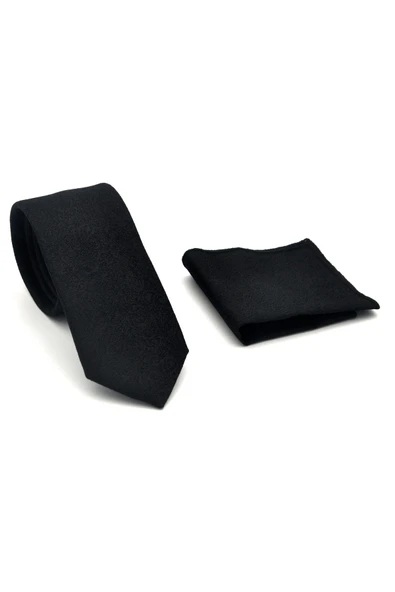 Şal Desenli Siyah Dokuma Kumaş Mendilli Slim Fit Kravat // SDK-2508-1 - Resim 2