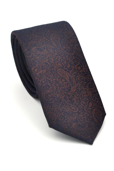 Şal Desenli Kahverengi Dokuma Kumaş Mendilli Slim Fit Kravat // SDK-2508-4 ürün görseli
