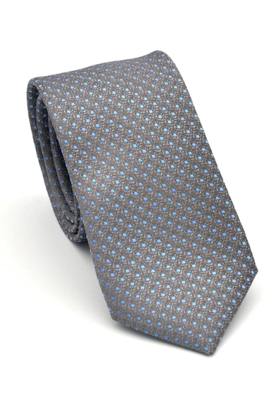 Mavi Nokta Desenli Gri Dokuma Kumaş Mendilli Slim Fit Kravat // SDK-2510-4 ürün görseli