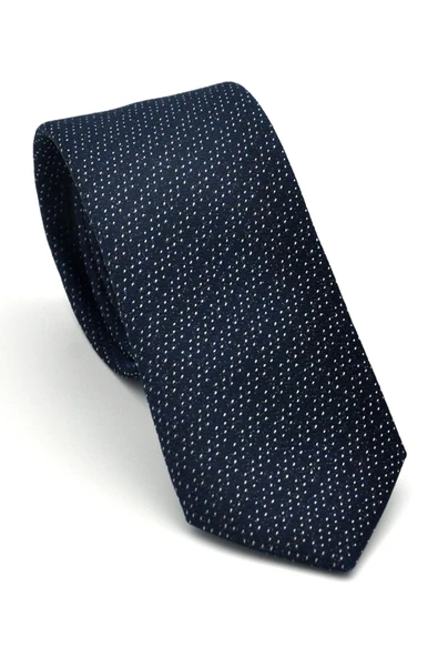 Beyaz Kırcıl Desenli Lacivert Dokuma Kumaş Mendilli Slim Fit Kravat // SDK-2504-2 ürün görseli