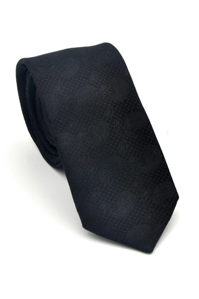 Şal Desenli Siyah Dokuma Kumaş Mendilli Slim Fit Kravat // SDK-2509-1 ürün görseli