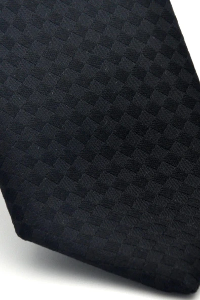 Siyah Piti Kare Desenli Siyah Dokuma Kumaş Mendilli Slim Fit Kravat // SDK-2503-1 - Resim 3
