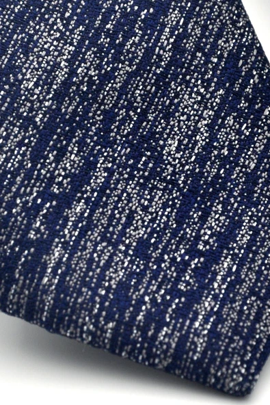 Gri Kırcıllı Desenli Lacivert Dokuma Kumaş Mendilli Slim Fit Kravat // SDK-2501-2 - Resim 3