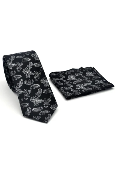 Gri Şal Desenli Siyah Dokuma Kumaş Mendilli Slim Fit Kravat // SDK-2507-1 - Resim 2