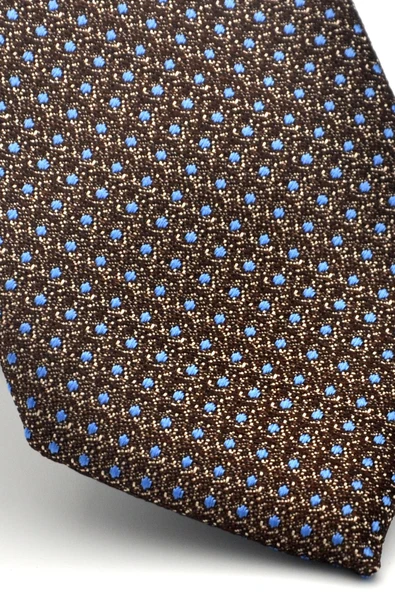 Mavi Nokta Desenli Kahverengi Dokuma Kumaş Mendilli Slim Fit Kravat // SDK-2510-5 - Resim 3