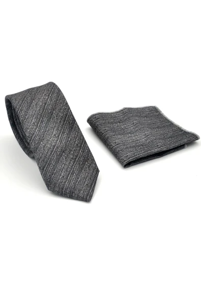 Gri Kırcıllı Desenli Füme Dokuma Kumaş Mendilli Slim Fit Kravat // SDK-2501-3 - Resim 2
