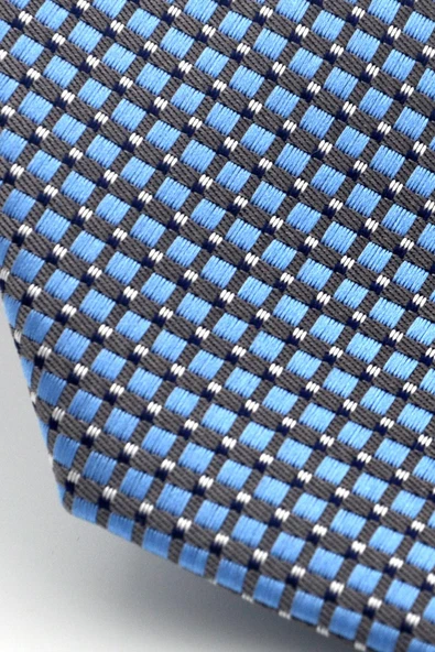 Beyaz Küçük Kare Desenli Mavi Dokuma Kumaş Mendilli Slim Fit Kravat // SDK-2511-5 - Resim 3