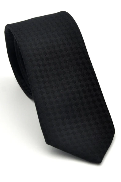 Siyah Piti Kare Desenli Siyah Dokuma Kumaş Mendilli Slim Fit Kravat // SDK-2503-1 ürün görseli