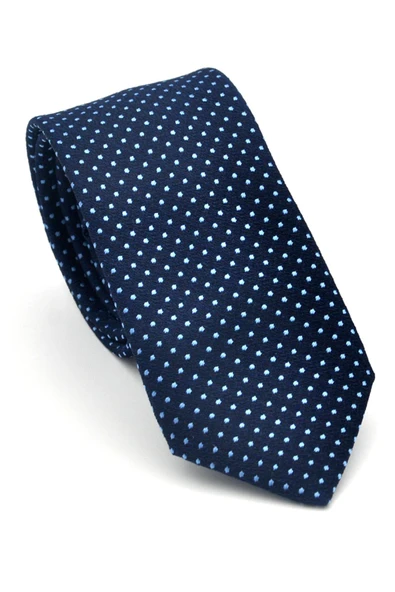 Mavi Nokta Desenli Lacivert Dokuma Kumaş Mendilli Slim Fit Kravat // SDK-2510-2 ürün görseli