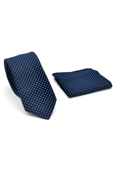 Mavi Nokta Desenli Lacivert Dokuma Kumaş Mendilli Slim Fit Kravat // SDK-2510-2 - Resim 2