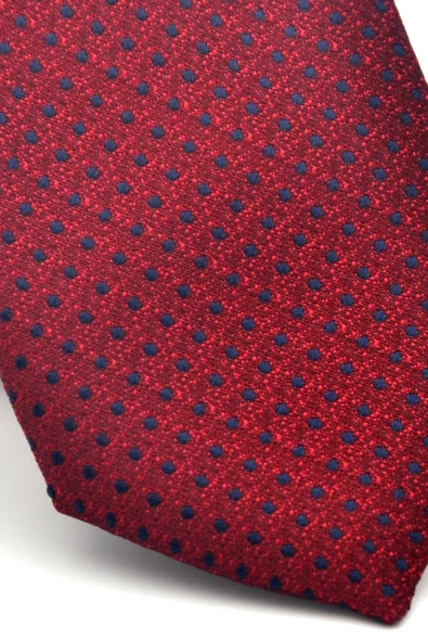 Lacivert Nokta Desenli Bordo Dokuma Kumaş Mendilli Slim Fit Kravat // SDK-2510-3 - Resim 3
