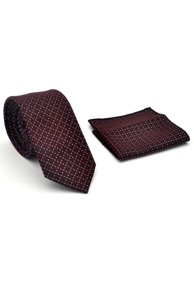 Beyaz Karışık Desenli Bordo Dokuma Kumaş Mendilli Slim Fit Kravat // SDK-2502-3 - Resim 2