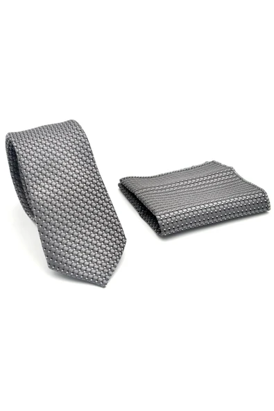 Beyaz Küçük Kare Desenli Gri Dokuma Kumaş Mendilli Slim Fit Kravat // SDK-2511-4 - Resim 2