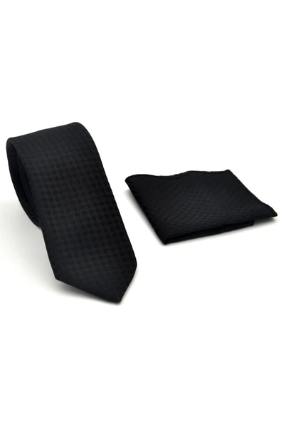 Siyah Piti Kare Desenli Siyah Dokuma Kumaş Mendilli Slim Fit Kravat // SDK-2503-1 - Resim 2