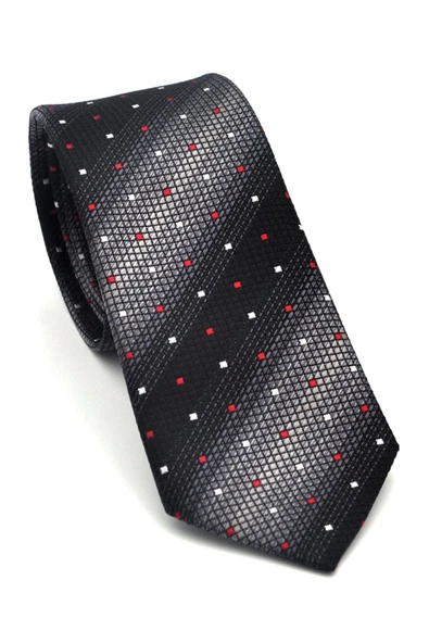 Gri Verev Desenli Siyah Dokuma Kumaş Mendilli Slim Fit Kravat // SDK-2505-1 ürün görseli