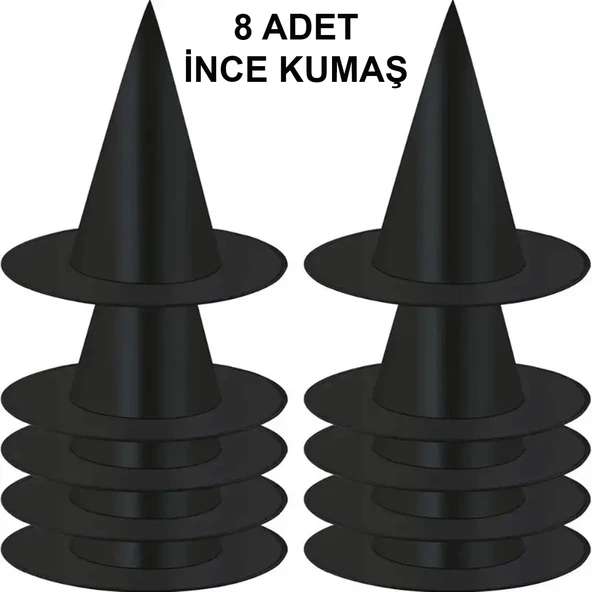 8 Adet Siyah Cadı Şapkası – Yetişkin & Çocuk Kostüm Aksesuarı ürün görseli 1